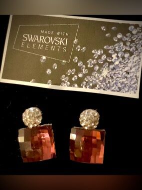 Swarovski Rose-Pink Faceted Square Drop Earrings with Crystal Tops